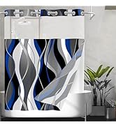 Nkzply No Hook Shower Curtain and Liner Set Blue Striped Shower Curtain with Snap in Liner Fabric...