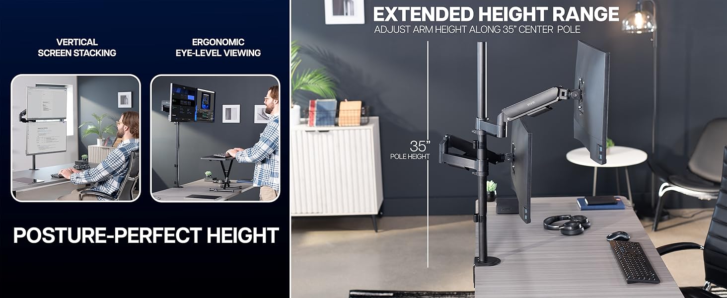 dual monitor stand vertical stack desk mount gas spring arm tall pole vesa bracket riser black