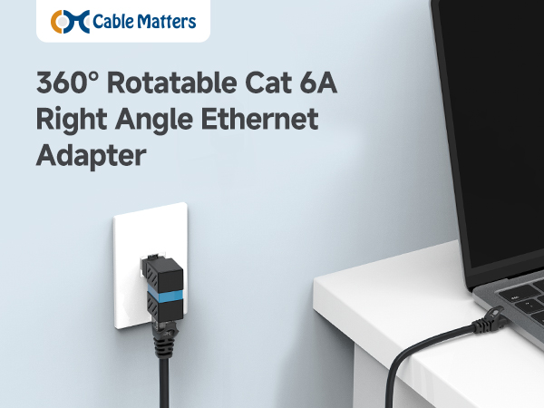 Cat 6A Right Angle Ethernet Adapter with 360-Degree Rotatable Connector