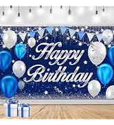 MDCGFOD Happy Birthday Banner - Birthday Decorations for Men Women Boys Girls Blue Sliver Birthda...