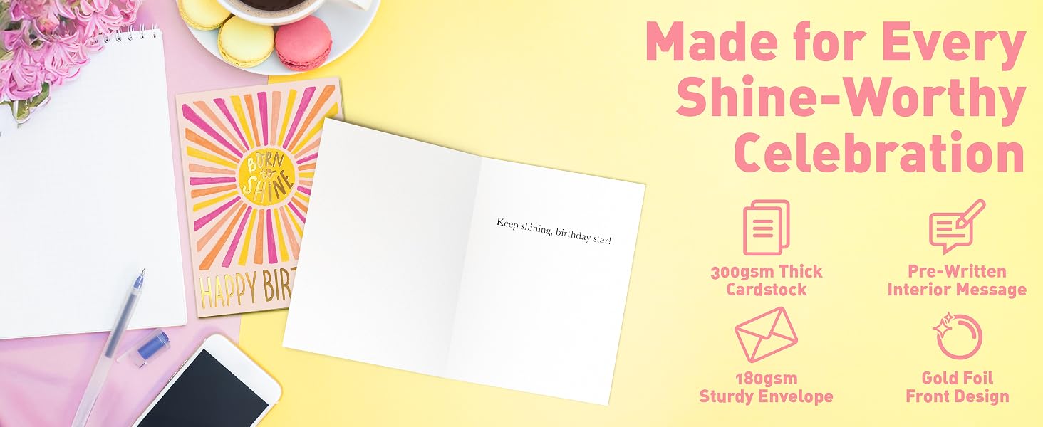 birthday card infographic with gold foil, envelope, and prewritten message