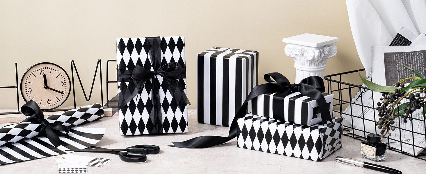 Black & White Stripes and Diamond Pattern Reversible Wrapping Paper
