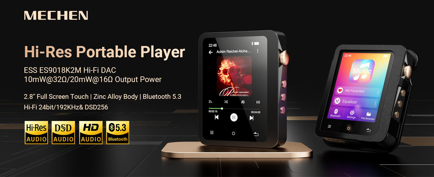 Text reads 'Hi-Res Portable Player'. Product display banner showing digital audio player interface with colorful menu screens and technical specifications.