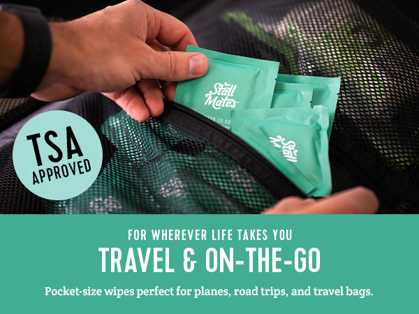 Stall Mates, Individually wrapped wet wipes for on-the-go. Ready for Travel and TSA approved