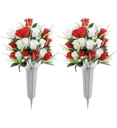 U'Artlines 2Pcs Artificial Cemetery Flowers for Grave Silk Memorial Rose Flowers Outdoor Grave Fl...
