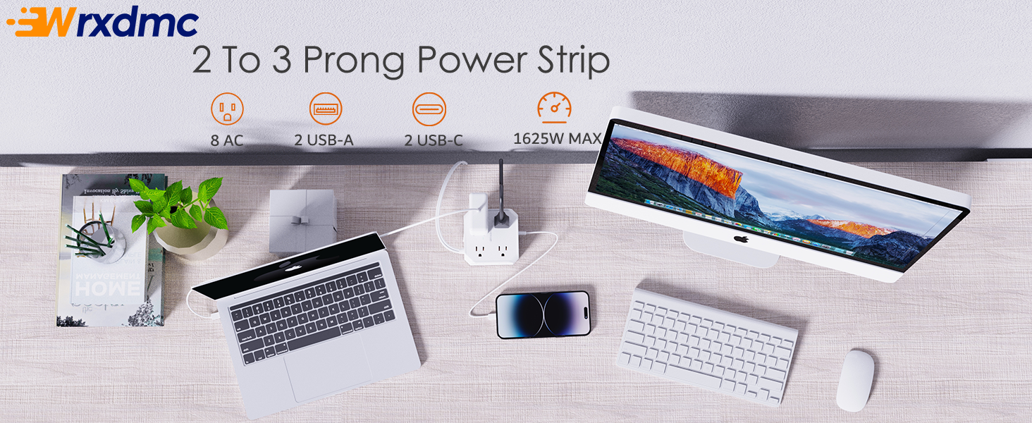 2 Prong Power Strip, WRXDMC 2 Prong to 3 Prong Outlet Adapter
