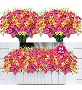 AmberFun 24 Bundles Artificial Flowers for Outdoors, Realistic Fake Silk Flowers for Outside Deco...