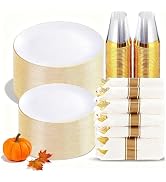 KIRE 350 PCS White and Gold Plates Disposable - Elegant Dinnerware Set of 50 Guest, White Plastic...