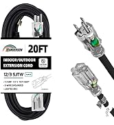 HONDERSON 20FT 12/3 Lighted Outdoor Extension Cord - 12 Gauge 3 Prong SJTW Heavy Duty Black Exten...
