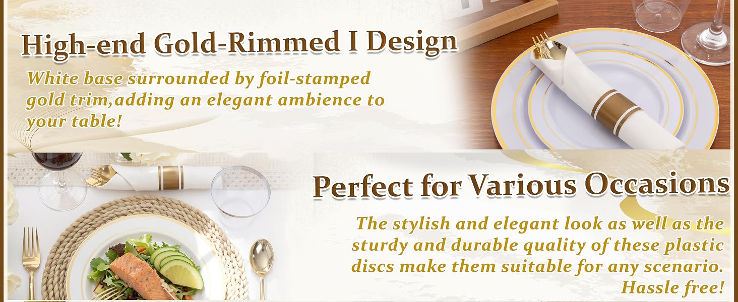 WDF Partyware 175PCS White and Gold Plastic Plates