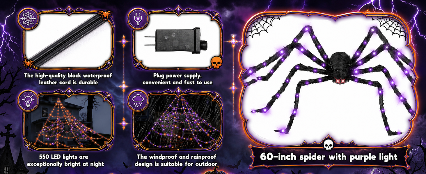 Halloween Decorations Outdoor Spider Web Lights with Glowing Spider