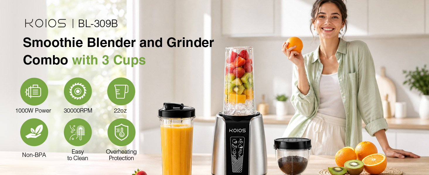 KOIOS smoothie blender and grinder combo with 3 cups