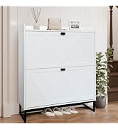 AT-VALY Shoe Storage Cabinet for Entryway, Narrow Shoe Rack with 2 Flip Drawers, Freestanding Hid...