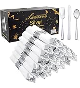 Liacere 100 Pack Silver Plastic Silverware-Pre Wrapped cutlery and Napkin-Pre Rolled Silverware D...