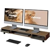 Fenge Dual Monitor Riser with 2 Drawers, 42.5in Long Desk Shelf, Brown | 2 Tier Monitor Stand, He...