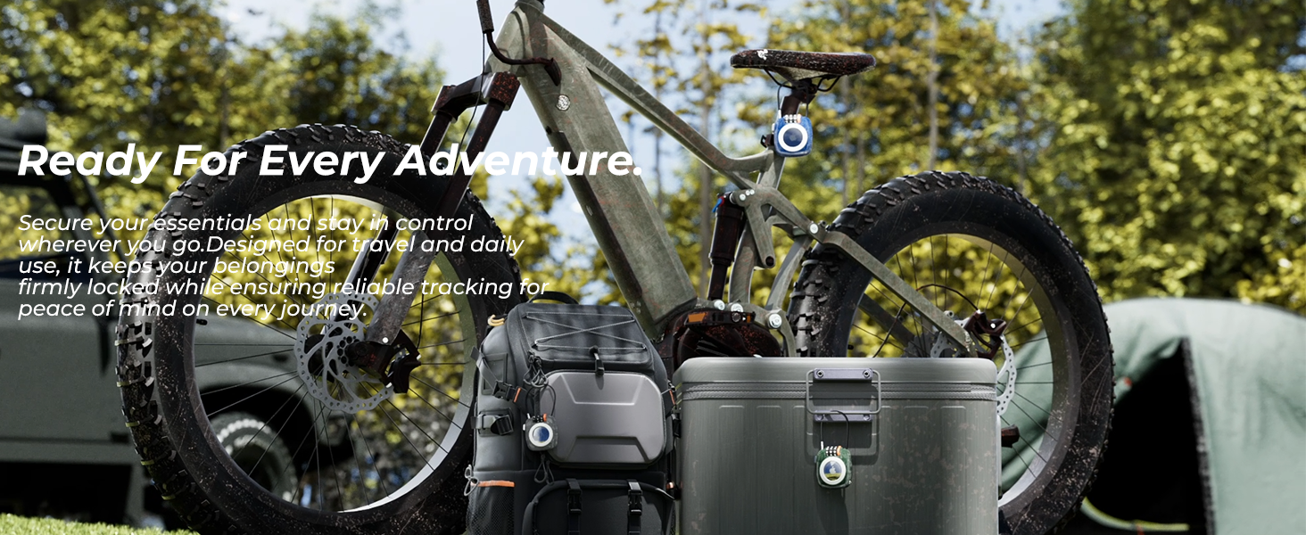 AirTag lock attached to suitcase, backpack, car keys, and stroller for travel security.