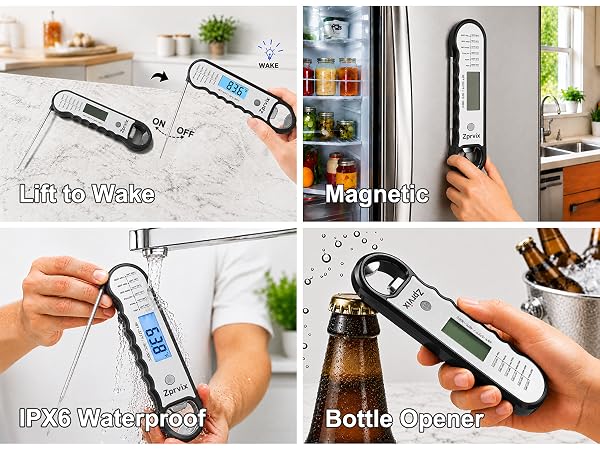 Waterproof meat thermometer with magnetic back, bottle opener, and lift-to-wake function