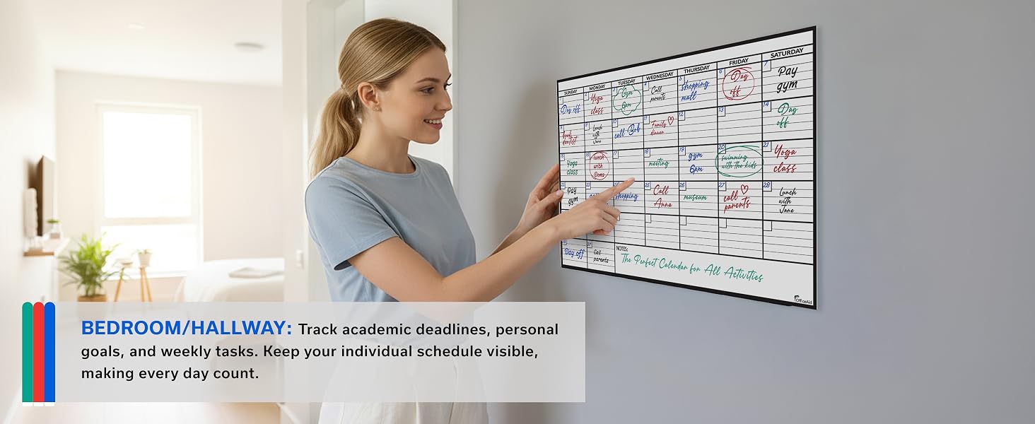 OfficeAid dry erase wall calendar used in a bedroom or hallway for personal schedule planning