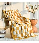 Checkered Throw Blanket, Yellow Knit Blankets with Soft Fluffy Microfiber, Cozy Fluffy Lightweigh...