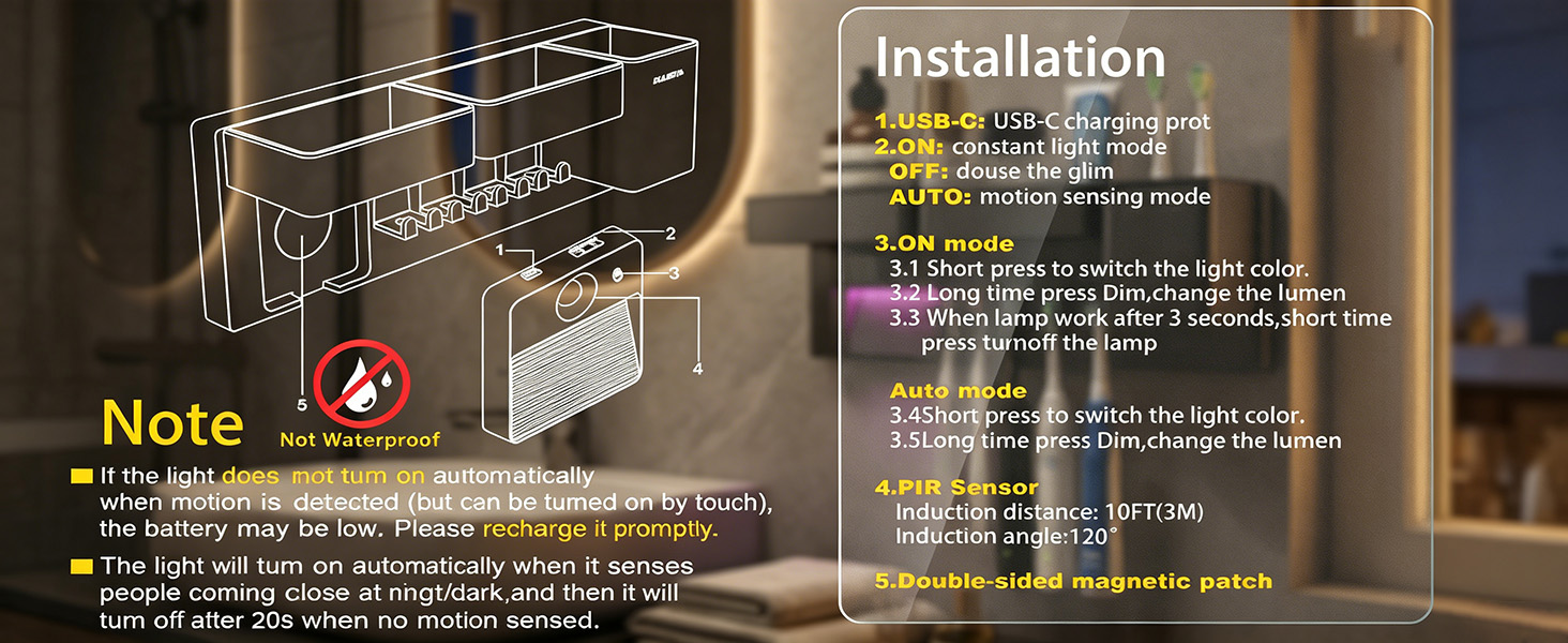 Bathroom toothbrush holder the light can be removed anytime, supports USB fast charging