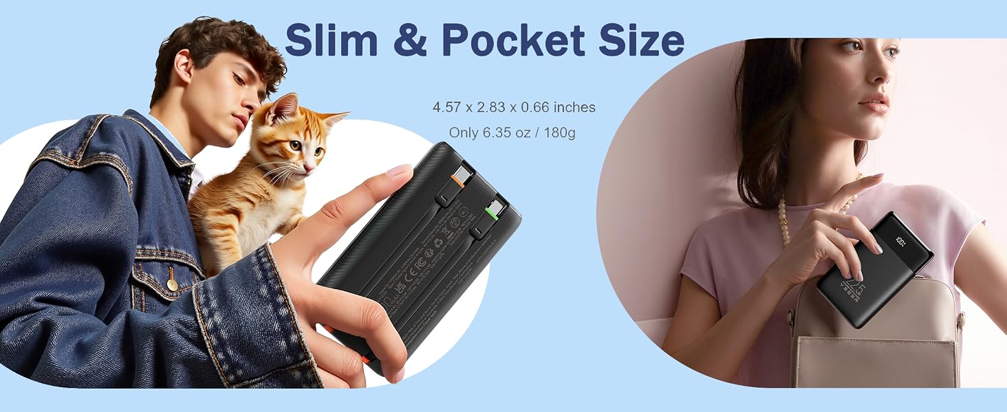 Slim Portable Charger, Pocket Size, Weighing 6.35 oz/180g, measuring 4.57 x 2.83 x 0.66 inches.