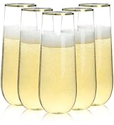 Bestluck 24 Pack 9 oz Stemless Plastic Champagne Flutes, Clear Disposable Champagne Glasses Gold ...