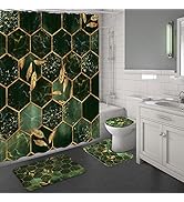 MitoVilla 4 Pcs Emerald Green Bathroom Sets with Shower Curtain and Rugs and Accessories, Modern ...