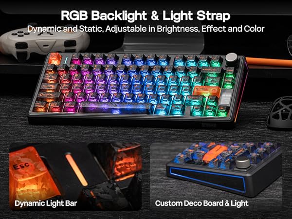 Text reads 'RGB Backlight & Light Strap', 'Dynamic Light Bar', 'Custom Deco Board & Light'. Gaming keyboard with RGB lighting displaying rainbow colors across keys.