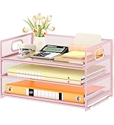 Subekyu 3 Tier Paper Letter Tray Organizer for Desk, Pink Metal Mesh Desk File Folder Sorter Orga...