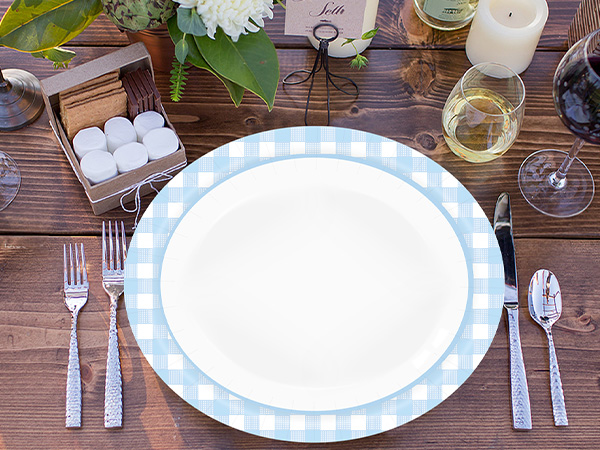 blue and white gingham oval paper plates disposable dinner plates wedding birthday party plates