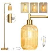 Ruiever Glass Floor Lamp for Living Room, Dimmer Standing Lamp with Green Ribbed Lampshade,66” Ta...