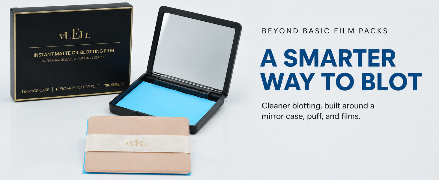 VUELL oil blotting film set with mirror case, puff applicator, and refill films
