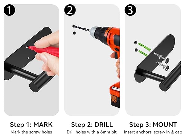 Drilling installation steps for wall mount paper towel holder with anchors screws and caps