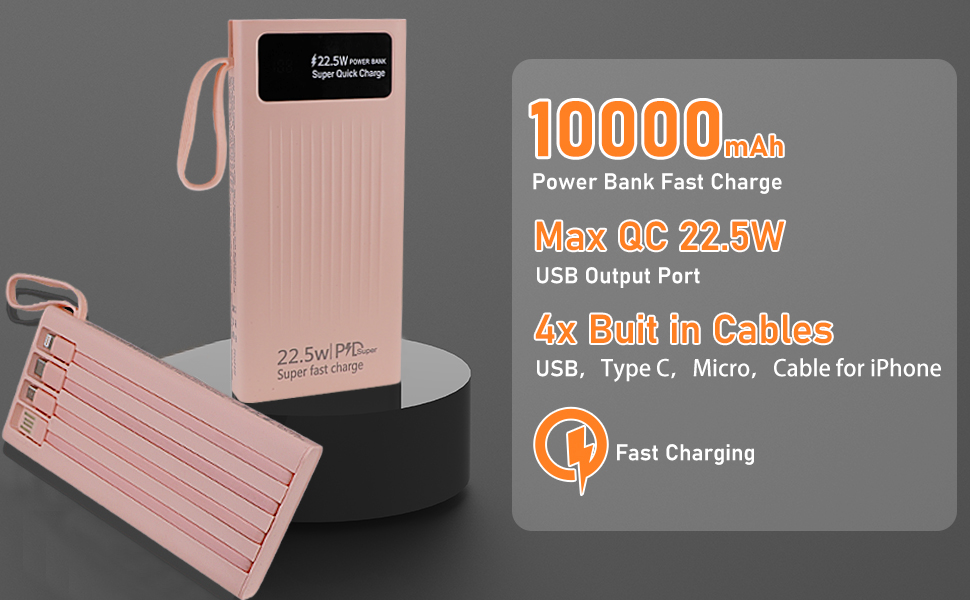 10000mAh power bank with built in cables