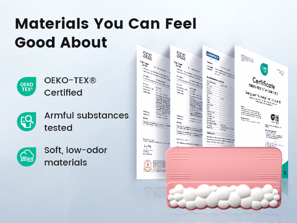 Text reads: 'Materials You Can Feel Good About', 'DEKO-TEX Certified', 'Harmful substances tested', 'Soft, low-odor materials'. Display of certification documents and textile sample in pink.
