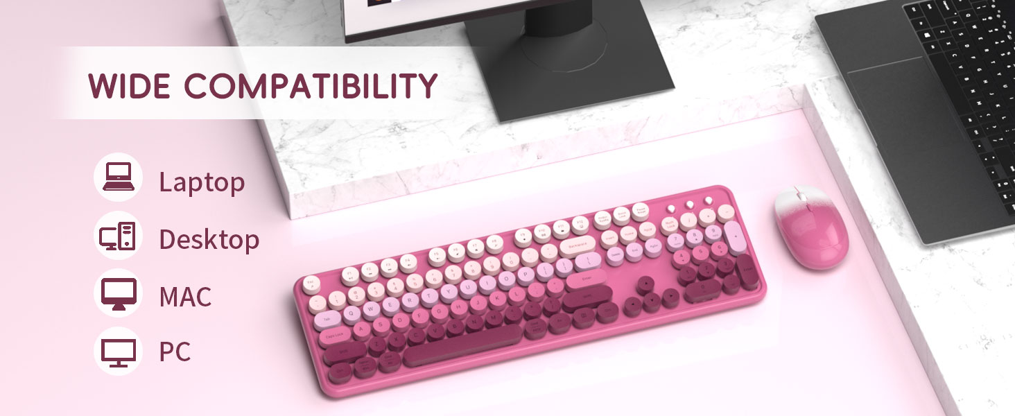 Wireless Keyboard Mouse Combo 2.4Ghz Cute Colorful 104 Keys Full Size Retro Typewriter