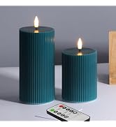 Girimax Teal Ribbed Flameless Pillar Candles with Remote, 2 Pack Flickering Battery Operated LED ...