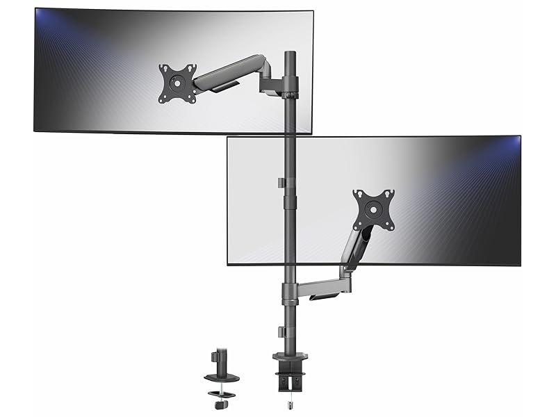 dual monitor stand vertical stack desk mount gas spring arm tall pole vesa bracket riser black
