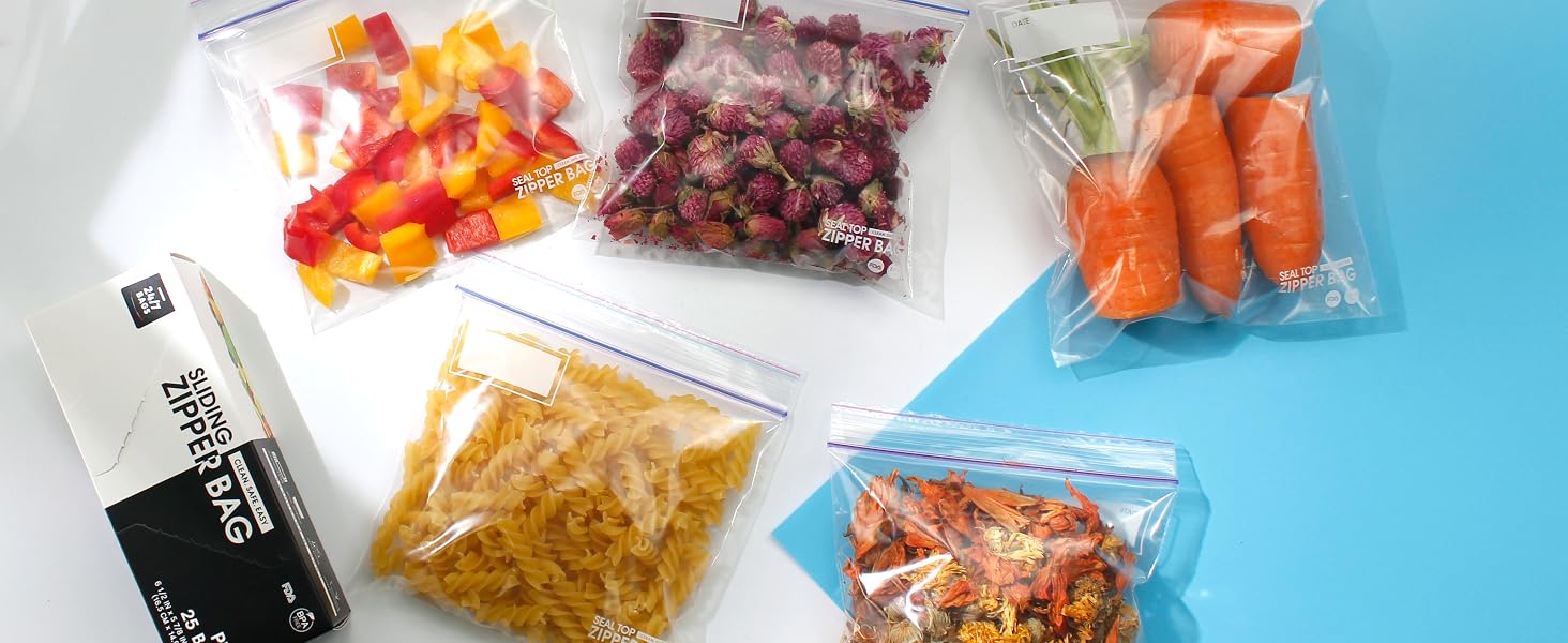 Food storage bags on display with food in them to show storage feature