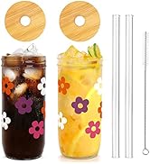 ANOTION Cute Glass Cups with Lids and Straws, Mason Jars with Flower Design, Bamboo Lid, Iced Cof...