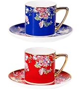 KAMMAK Tea Cups and Saucers Set of 2, Porcelain Coffee Cups with Saucer for Espresso, Cappuccino,...
