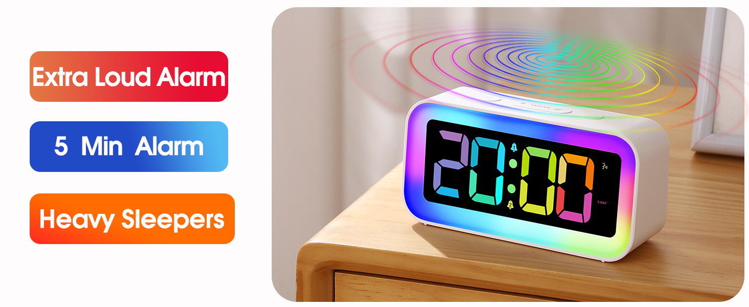 100dB extra loud alarm clock for heavy sleepers 5 minute continuous ring 9 minute snooze