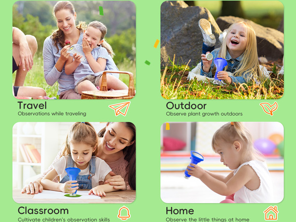 Text reads 'Travel', 'Outdoor', 'Classroom', 'Home'. Four-panel image showing various family and educational activities with children in different settings.