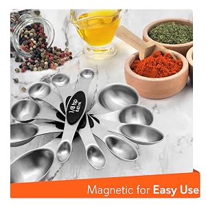 magnetic measuring spoons;measuring spoons magnetic;nesting measuring spoons;magnetic measuring cups