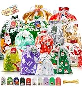 Collection of colorful Christmas gift bags with festive holiday patterns including snowmen, trees, and seasonal designs. Bags shown in various sizes with red, green, purple, and white color schemes.