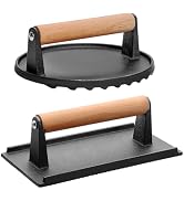 CEKEE Burger Press Set of 2, Cast Iron Grill Press with Wood Handle, 7" Round & 8.2"X 4.3" Rectan...
