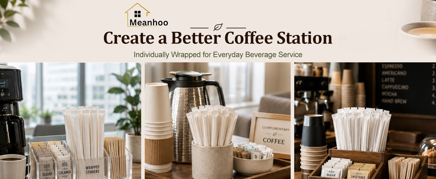 Wrapped wooden coffee stirrers for office, hotel and café beverage stations