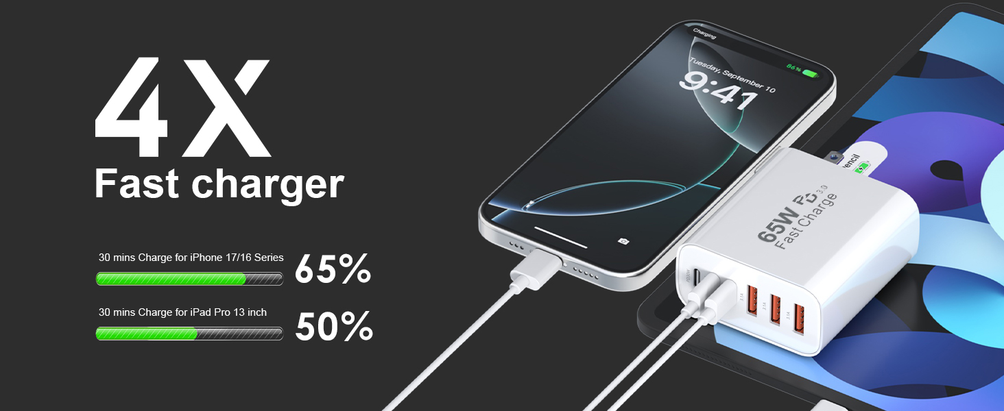 65W 6-Port USB C Wall Charger