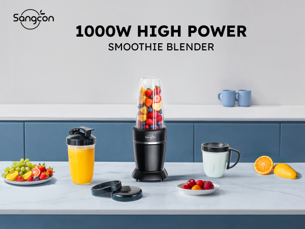 Sangcon 1000W blender with fruit cup, travel cup, grinding cup, and lids on a kitchen counter.