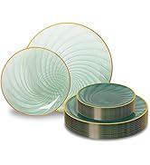 N9R 60PCS Green Plastic Plates for Party, Heavy Duty Disposable Plate with Gold Rim, Elegant Spir...